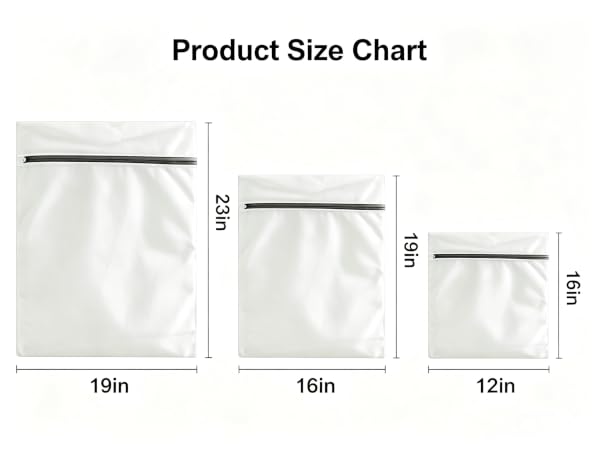 Size chart for 3 laundry mesh bags: large 23*19 inches, medium 19*16 inches, small 16*12 inches.