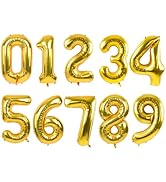 TONIFUL Number Balloons 16 Inch Gold 0-9 Number Mylar Foil Balloons 10 Pcs Gold Custom Digital Ba...