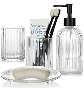 Topsky Glass Bathroom Accessories Set of 4,Clear Vertical Stripe Design with 400ml Liquid Hand So...