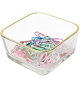 Clear Paper Clip Holder Glass Bowl with Gold Rim Square Paper Clips Dispenser Colorful Paperclips...