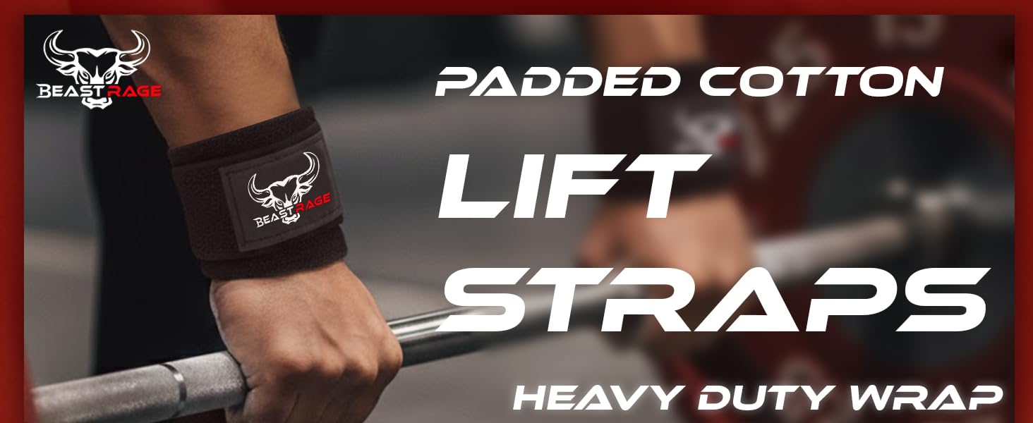 Text reads 'PADDED COTTON LIFT STRAPS HEAVY DUTY WRAP'. Close-up of black weightlifting straps being worn on wrists.