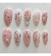 Peach Blossom Press on Nails Short Medium Almond Fake Nails with 3D Pearl Diamond Designs Pink Fl...