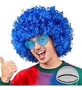 PLULON Royal Blue Afro Wig with Heart Sunglasses for Women Men, Colored Short Fluffy Curly Funny ...