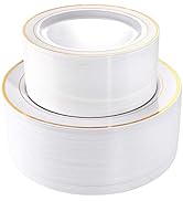 I00000 102 Pieces Gold Plastic Plates, Disposable Party Plates White Gold Rim, 51 Heavy Duty Gold...