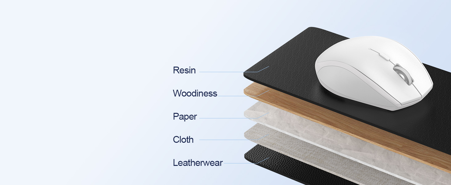 Stacked mouse pads in various materials: resin, wood, paper, cloth, and leatherwear. White computer mouse on top black pad.