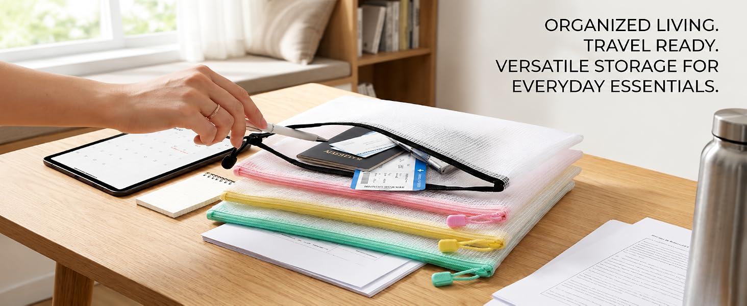 4 pack colorful mesh zipper pouches travel office daily essentials storage table scene