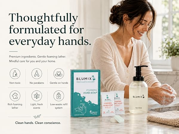 Fill a reusable foam dispenser bottle with warm water and drop in a tablet to get foamy hand soap.