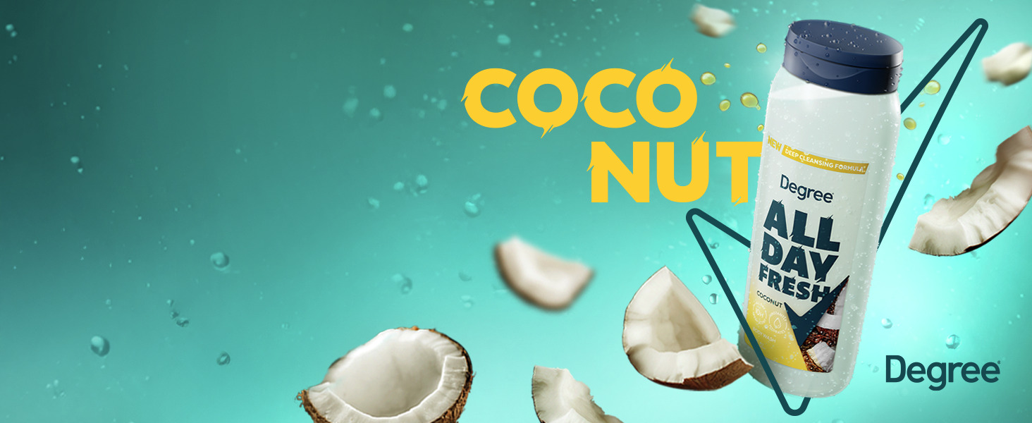 A white Degree Body Wash bottle surrounded by coconut pieces with the text Coconut in yellow