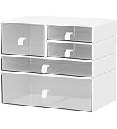 Yashong Desk Organizer Set, White & Clear Stackable Dustproof Storage Boxes for Desktop, Office, ...