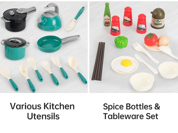 Complete with pots, spoons, and food models, these kitchen utensils bring various joy to playtime.
