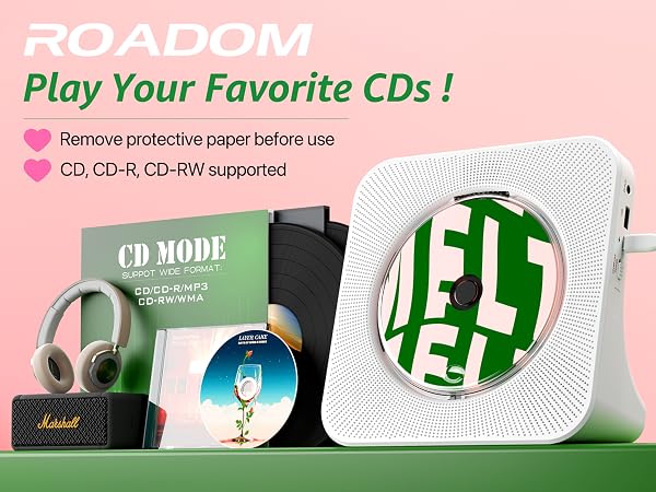 ROADOM portable CD player plays CD, CD-R, CD-RW, MP3, WMA formats on desk with retro vinyl aesthetic