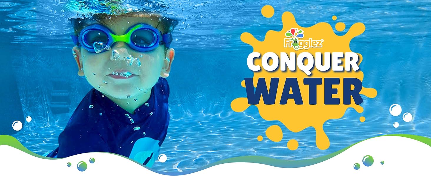 Frogglez kids goggles; comfort-fit swim gear designed for ages 3-10 to conquer the water.