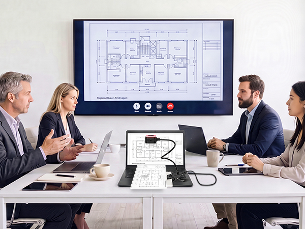 Four business professionals in office setting viewing architectural floor plan on large monitor during collaborative meeting or presentation at conference table.