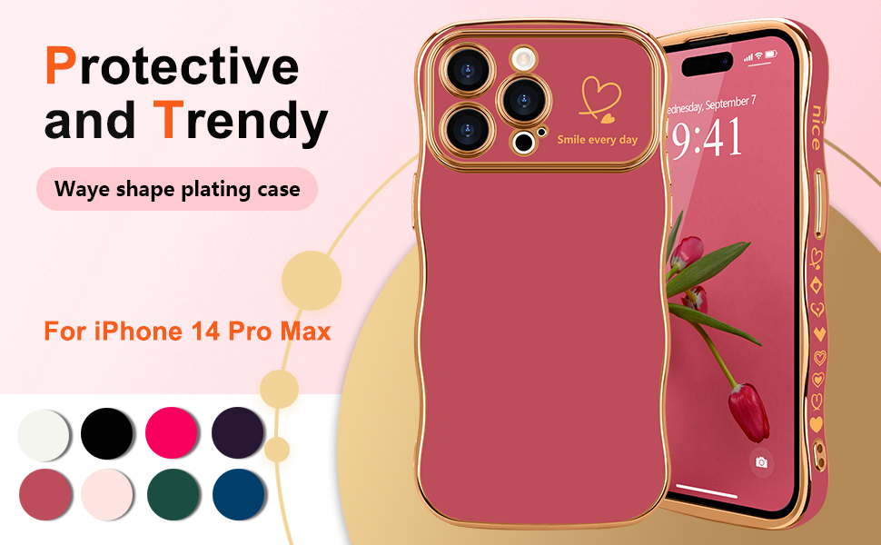 Phone case for iPhone 14 Pro Max in rose pink with gold-toned plating edges. Multiple color options shown as swatches below.