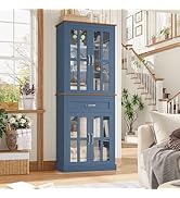 FOTOSOK 71'' Tall Kitchen Cabinet with Glass Doors and Drawer, Freestanding Food Pantry with Adju...