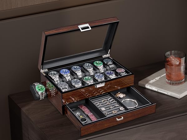 High-End Watch Box, 12-Slot Watch Case with Large Glass Lid, 2-Layer Wooden Watch Box for Men