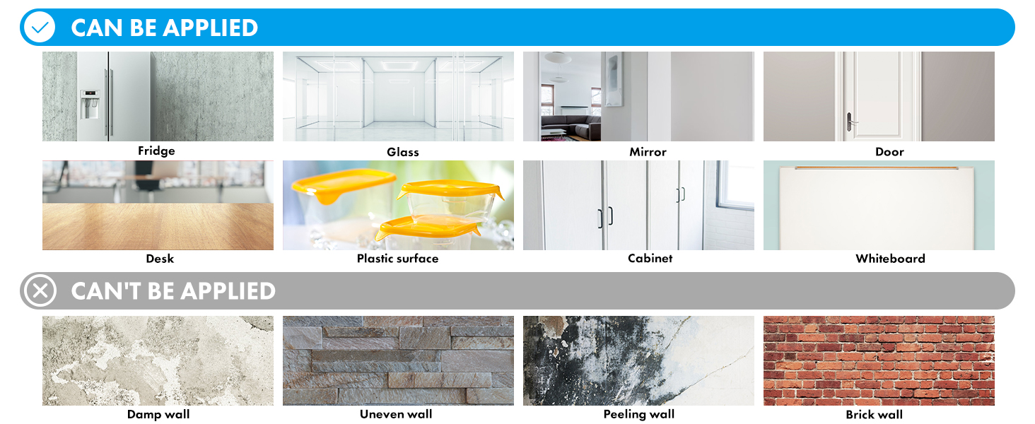 Whiteboard sticker can be applied: Fridge; Glass; Mirror; Door; Desk; Plastic surface; Cabinet