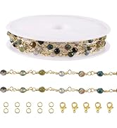 Pandahall 3.28 Feet Natural Gemstone Link Chains Moss Agate Beaded Chains Golden Bracelet Necklac...