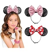 DRESHOW Minnie Ears Headbands Mouse Ears Sequin Bow Headbands Elastic Adjustable Headband Glitter...
