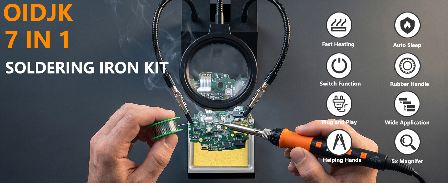 Text reads 'OIDJK 7 IN 1 SOLDERING IRON KIT'. Product display shows soldering iron tool with digital display being held over yellow circuit board component. Eight feature icons shown on right side indicating specifications and functions.