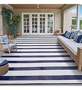 PureCozy Outdoor Waterproof Patio Rug 10x14 Plastic Straw Reversible Lightweight Outside Navy Blu...