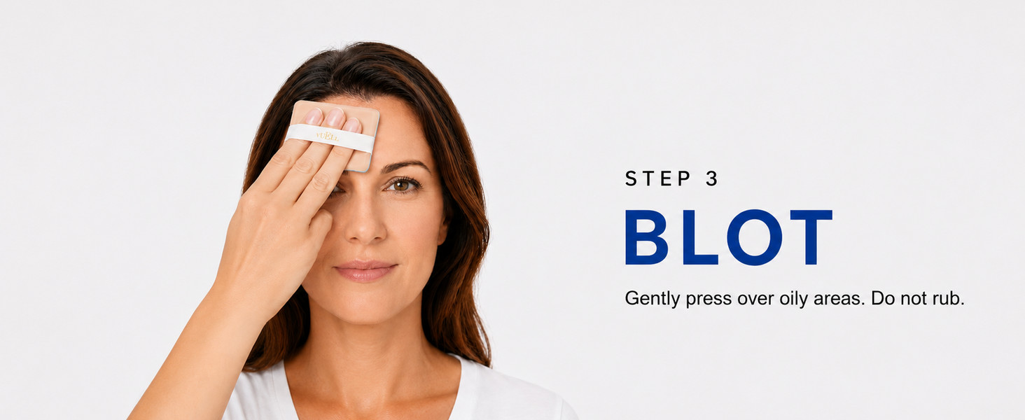 Makeup-friendly oil blotting film pressed on oily face area with puff