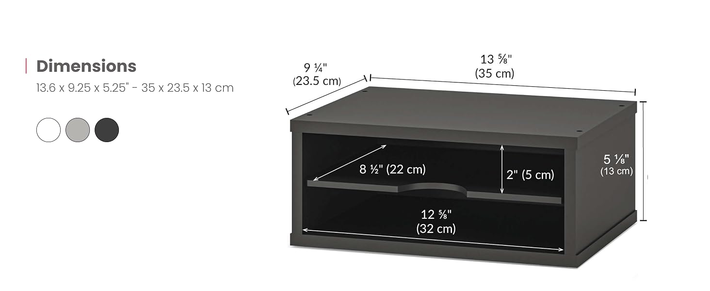 Paper Desk Organizer dimensions 9.25"D x 13.6"W x 5.2"H with available colors black white gray
