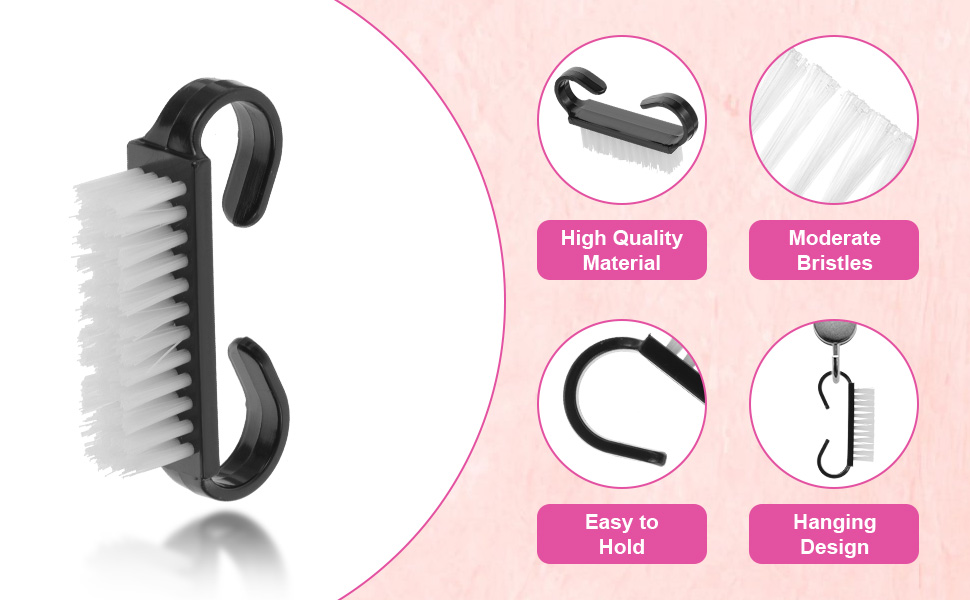 Nail brush with moderate bristles, easy to hold handle, and hanging design for convenient storage.