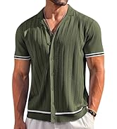 COOFANDY Men's Short Sleeve Knit Shirt Casual Button Down Shirt Vintage Striped Knitted Golf Beac...