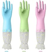 KAQ Dishwashing Cleaning Gloves 3 Pairs-Reusable Cotton Liner Rubber Gloves Long cuff 19.5" Non-S...