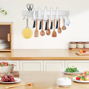 silver 17 inch magnetic knife holder with 10 hooks Silver
