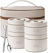 QQKO Portable Insulated Food Lunch Container Set with Thermal Lunch Box, 3 Separate Stackable Lun...