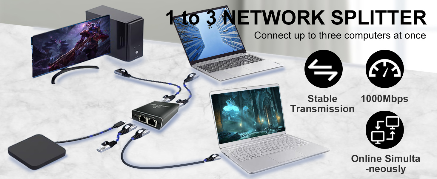 Gigabit Ethernet Splitter 1 to 2 High Speed, 1000Mbps Internet Splitter