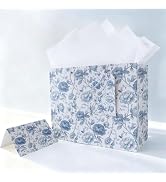 JAYTEM Bridal Shower Gift Bag, 13" Blue and White Large Wedding Gift Bag with Tissue Paper Greeti...