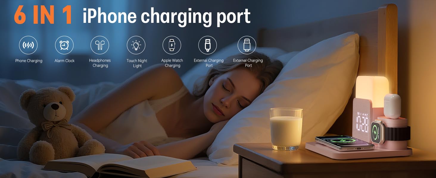 Text reads '6 IN 1' and 'iPhone charging port'. Nighttime scene showing smartphone with charging accessory lit on wooden surface.