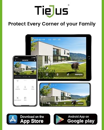 Tietus home security app interface shown on multiple devices, displaying property surveillance views. Available on App Store and Google Play.