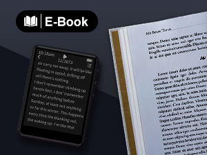 E-book comparison showing an electronic reader device next to an open physical book on a dark background. 'E-Book' label visible in the corner.