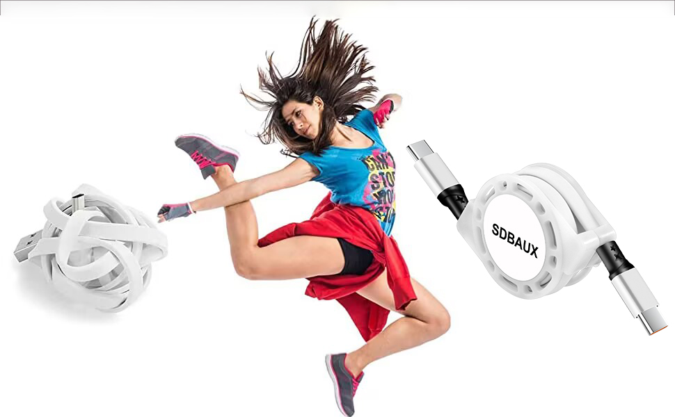 Woman jumping with extended hair and limbs, wearing blue top and red shorts. White jump rope and Suaoki-branded device visible.