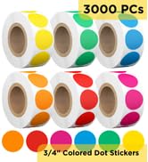 3000 PCS 3/4” Colored Dot Stickers, Round Sticker Labels in 6 Colors, Stickers Dots Assorted Colo...