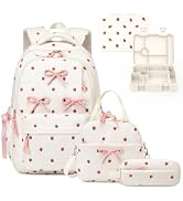 Similove Backpack for Girls, Corduroy 4PCS Bow Girls Backpack with Bento Lunch Box, Insulated Bag...