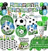 Soccer Birthday Party Decorations Include Plates, Napkins, Cups, Cutlery, Banner, Balloons, Table...