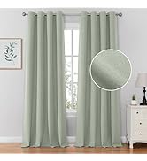 HOMEIDEAS 100% Sage Green Blackout Curtains for Bedroom Linen Curtains 84 Inch Length 2 Panels fo...