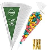 Seal Fresh Cone Cellophane Bags with Twist Ties - 7" x 15" (120 Count) - Clear Cone Shaped Treat ...