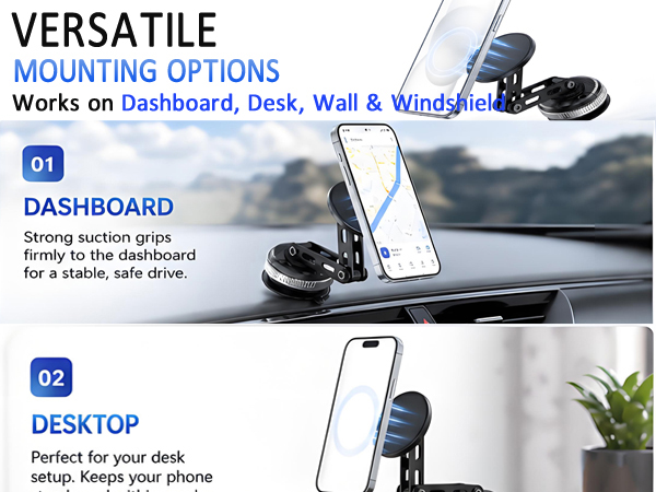 Multi functional, can be used on desktops, windshields, walls, center consoles, etc
