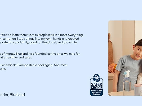 Brand Story with image of founder and children surrounded by Blueland products