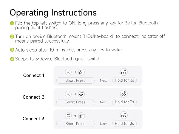 User manual showing pairing steps and 3-device switch shortcuts for mini keyboard
