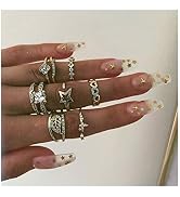 Edary Boho Heart Rings Set Crystal Ring Gold Leaf Joint Knuckle Rings Accessories for Women and G...