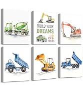 Frimeeme Construction Vehicles Canvas Wall Art for Kids, Watercolor Dump Truck, Excavator, Cement...