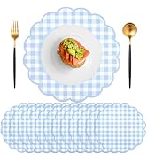 60 Pcs Blue and White Gingham Paper Placemats,13.5 Inch Scalloped Blue Checkered Place Mat Dispos...