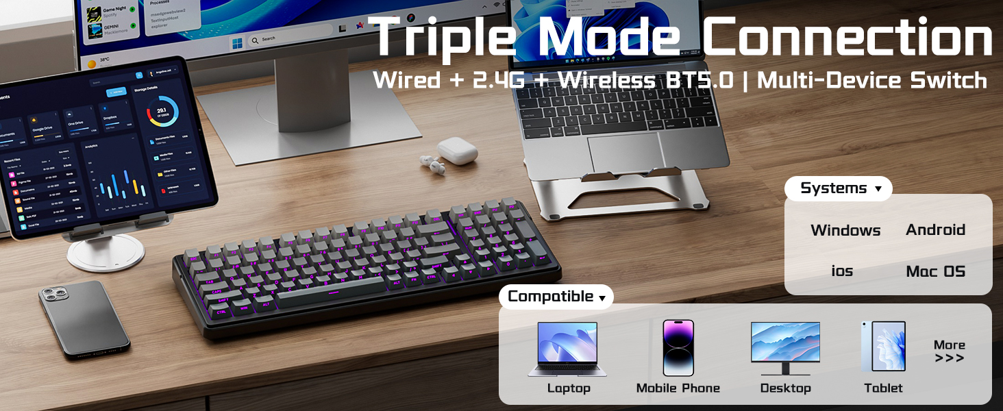 wireless mechanical keyboard with number pad for work gaming rechargeable